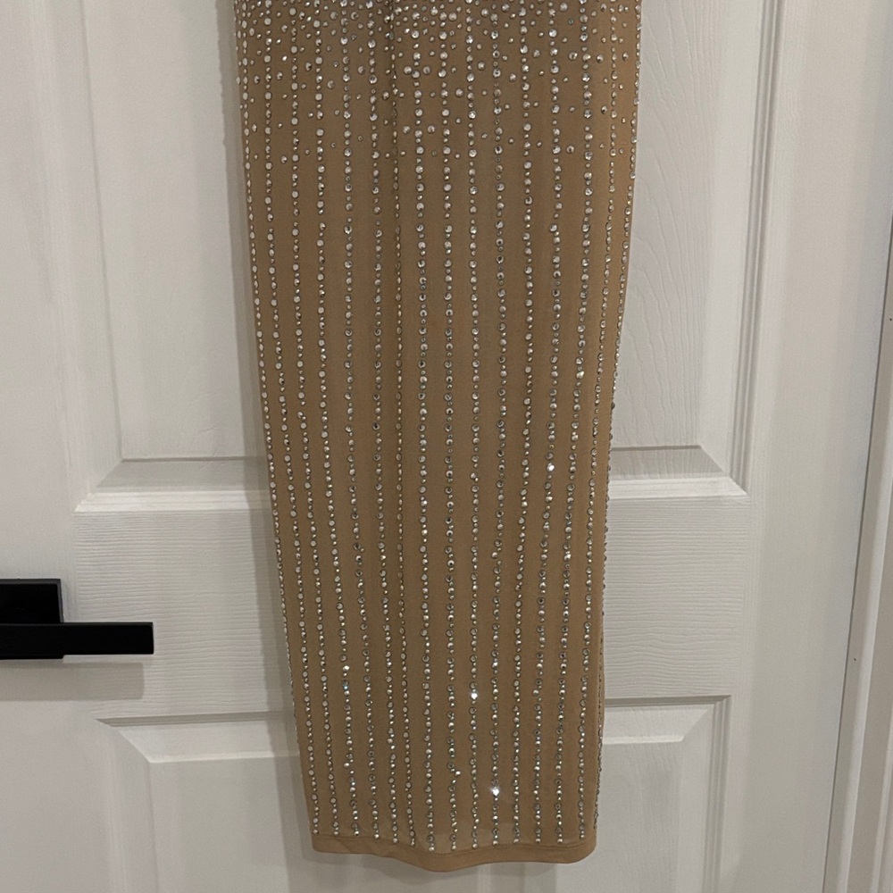 Banjul Tan Sequin Embellished double strap Dress bodysuit attached-sheer bottom - Picture 15 of 16